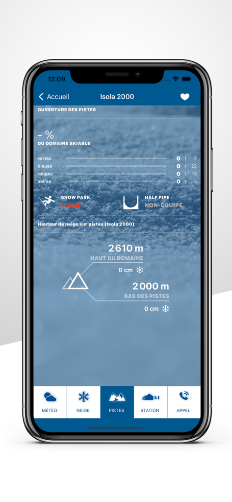 Météo-France Ski et Neige - Status of ski run openings and snow depth for Isola 2000 within the Meteo-France Ski et Neige app.
