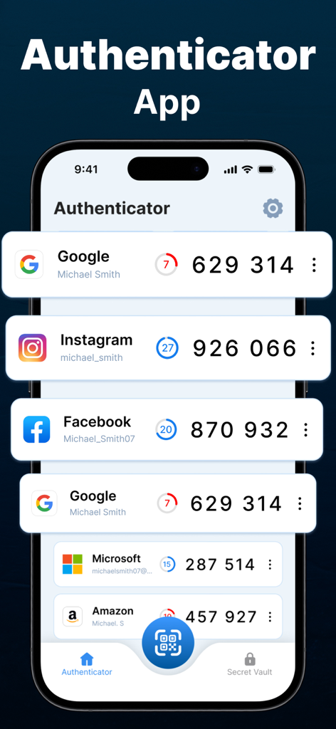 Authenticator App - Official ™ - Interfaccia dell'app Authenticator che mostra codici di autenticazione a due fattori per vari account online su un iPhone