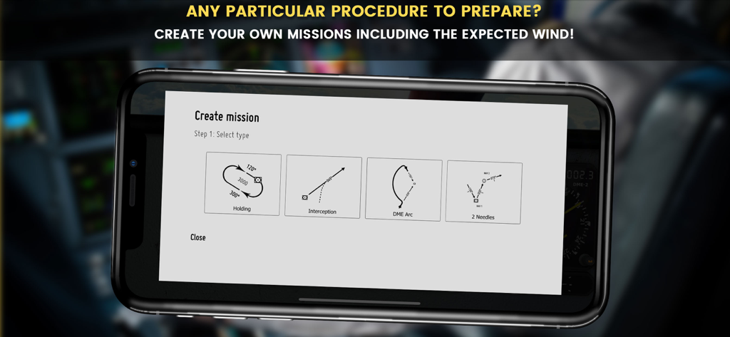VOR Tracker - IFR Nav Trainer - The mission selection screen in VOR Tracker showing options for holding patterns interception DME arcs and two needle navigation training