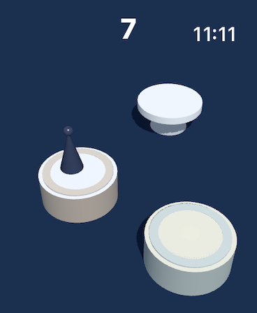 Minimalist gameplay of JumpJump showing a character on a platform with score and time display