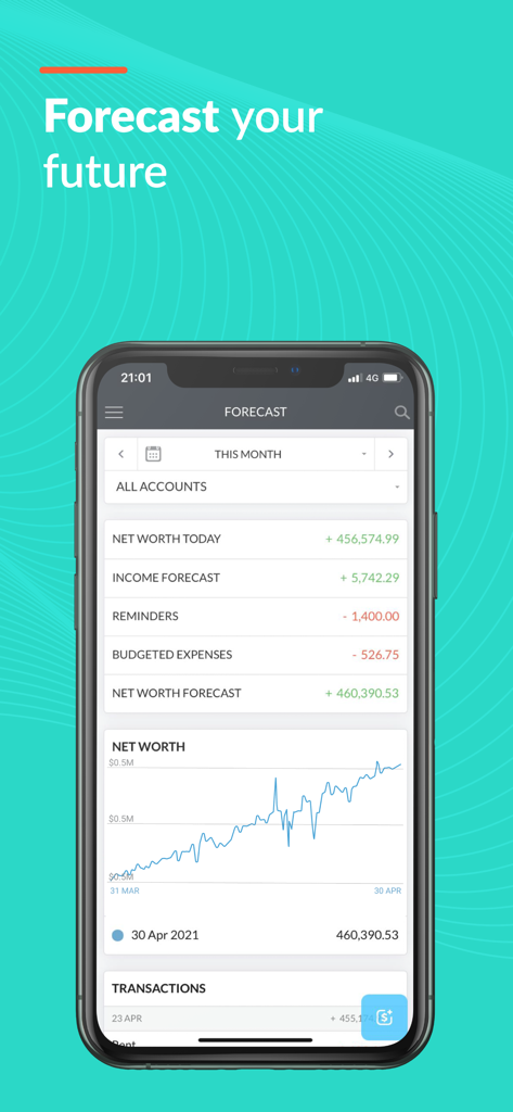 Buxfer app forecast screen showing net worth projections and financial growth chart