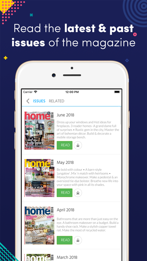 Home South Africa - A smartphone screen displaying a list of past and current issues of the Home South Africa magazine
