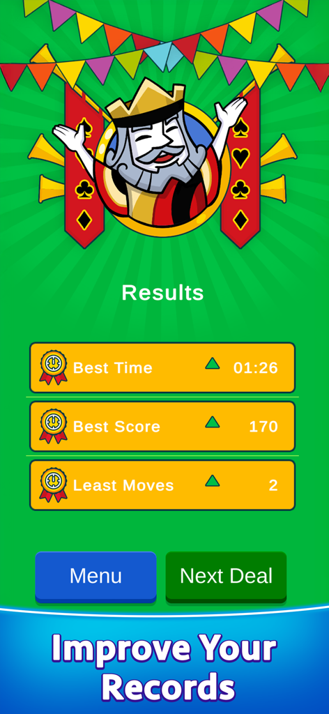 Pantalla de resultados de FreeCell Solitaire que muestra estadísticas del juego para mejor tiempo, puntuación y movimientos.