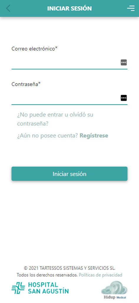 Pantalla de inicio de sesión de la aplicación del Hospital San Agustín con campos de correo electrónico y contraseña
