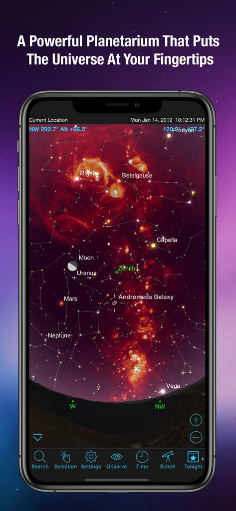 SkySafari 6 Pro app showing a detailed star chart on a smartphone with constellations, planets, and nebulae.