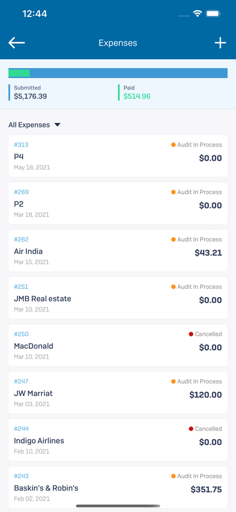 RelocateME - The RelocateME mobile app interface showing a list of submitted and paid relocation expenses with their current audit status.