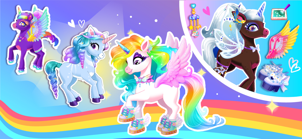A variety of colorful unicorns with wings and accessories from the kids dress up game