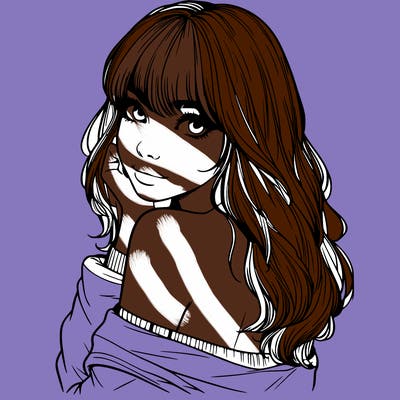 realistic girl with bangs looking over her shoulder
