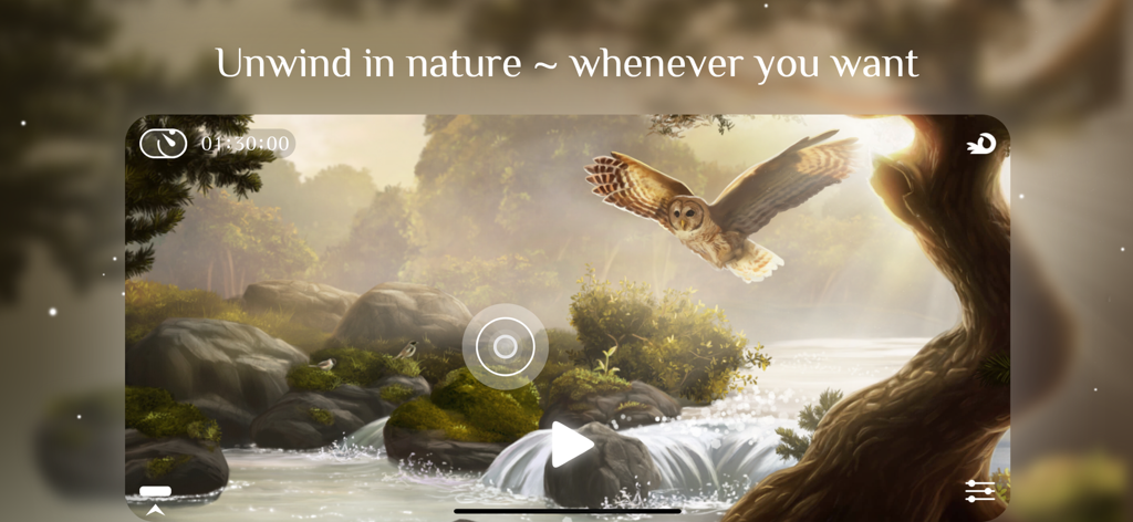 Flowing 2 app interface showing a peaceful nature landscape with a river, waterfall, and an owl in flight