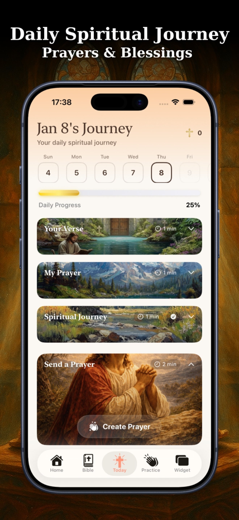 Bible Widget Verse of the Day - Bible app interface displaying daily spiritual progress with prayer and verse sections