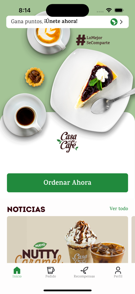 Startbildschirm der Casa del Cafe mobilen App mit einem großen Button 'Jetzt bestellen', Kaffee-Bildern und Navigation zum Treueprogramm