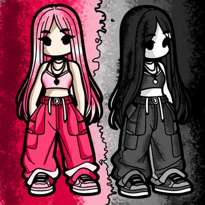 girl in baggy pants crop top and long hair