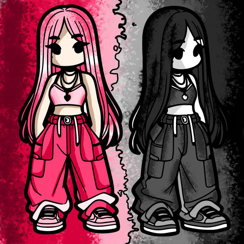 girl in baggy pants crop top and long hair