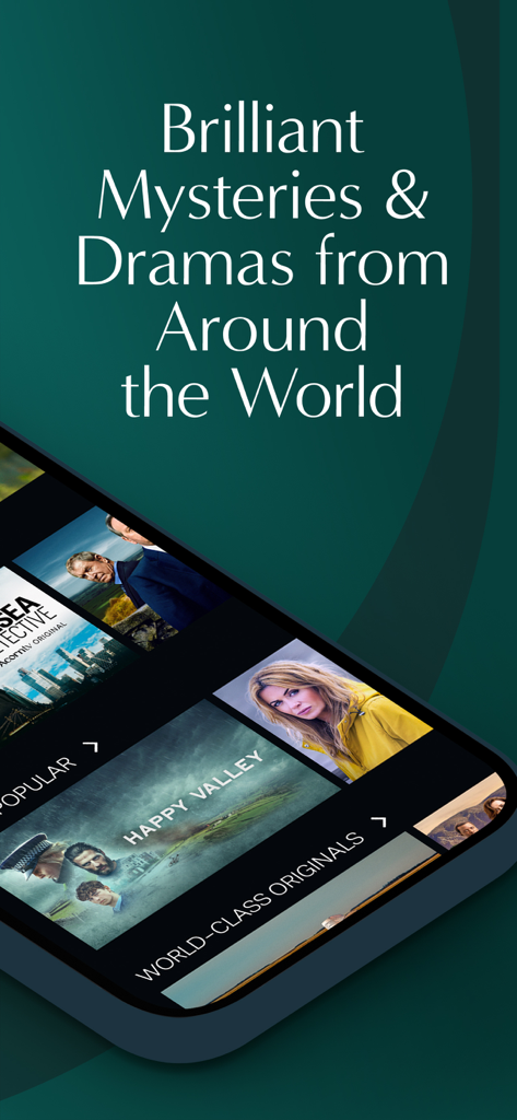 Acorn TV: Brilliant Mysteries - Acorn TV app interface showcasing brilliant international mysteries and dramas