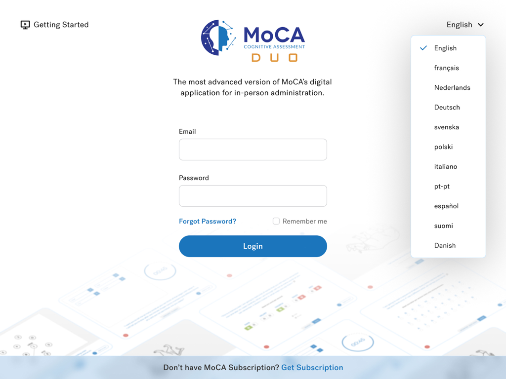 Schermata di login di MoCA Duo con campi email e password e un menu a discesa per la selezione della lingua