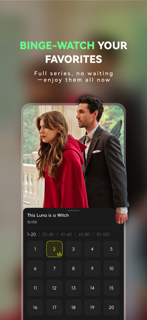 Una interfaz móvil de la aplicación StoReel que muestra una cuadrícula de episodios para un drama corto titulado This Luna is a Witch.