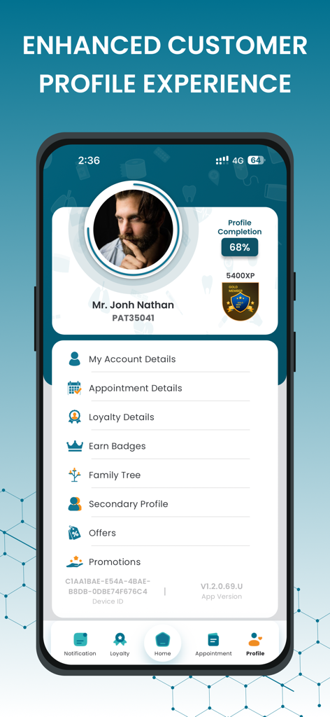 Hemas Health - Dashboard del profilo utente dell'app Hemas Health che mostra informazioni sull'account e premi fedeltà