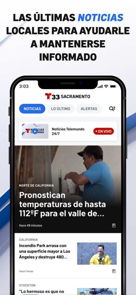 Telemundo 33: Sacramento - Interfaz de la aplicación móvil Telemundo 33 Sacramento que muestra titulares de noticias locales y alertas meteorológicas en español