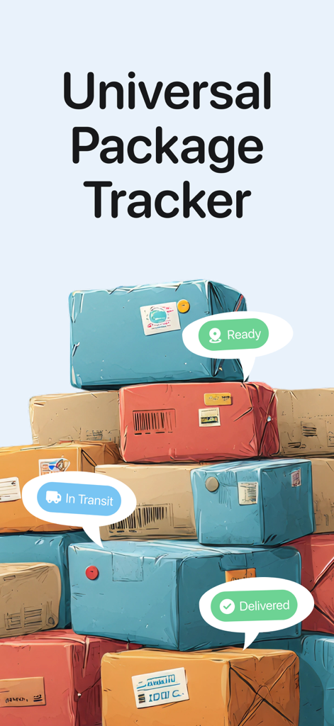 Illustration of a stack of parcels with status labels for the Universal Package Tracker app