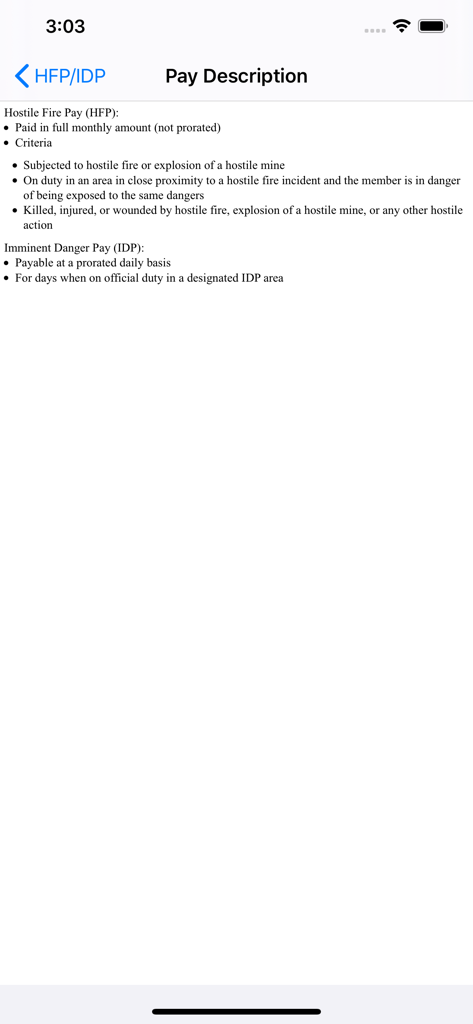 Information screen for Hostile Fire Pay and Imminent Danger Pay eligibility