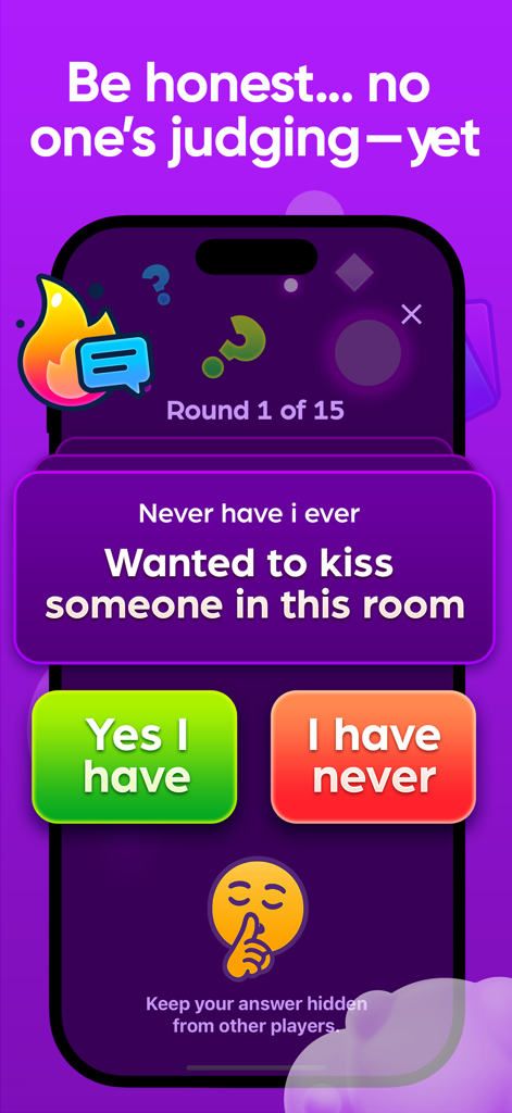 Exposed 2 - Guess who never ? - Screenshot of the Exposed 2 app showing a Never Have I Ever question with yes and no response buttons.