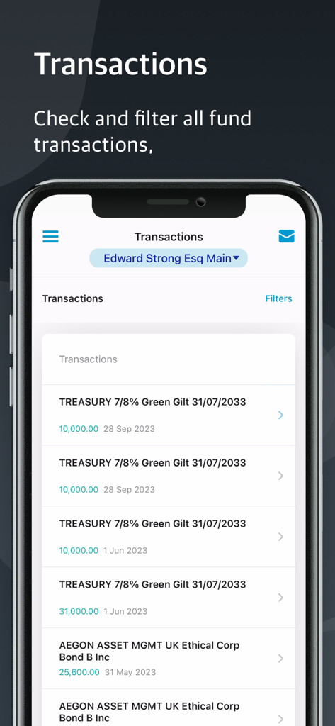 A mobile screen showing the MyRathbones app transactions list including treasury and bond holdings