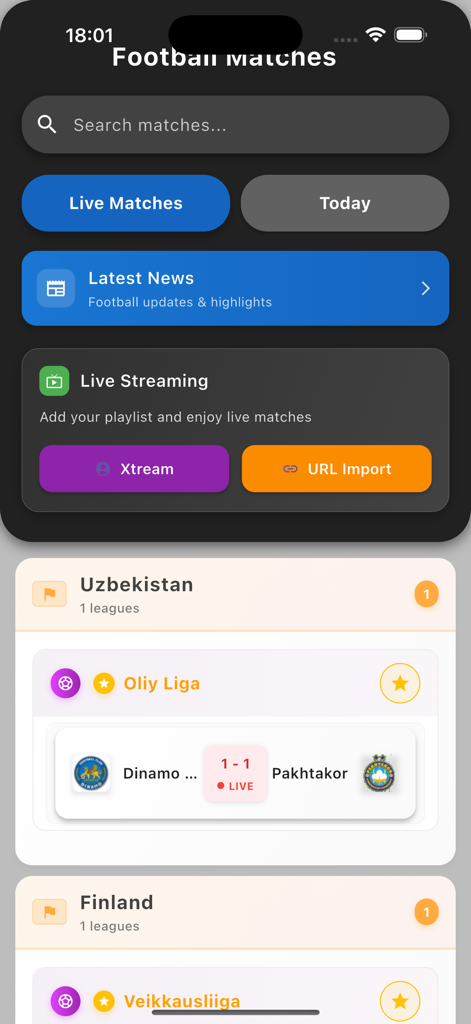 Yacine Tv app interface showing live football scores and IPTV playlist import options