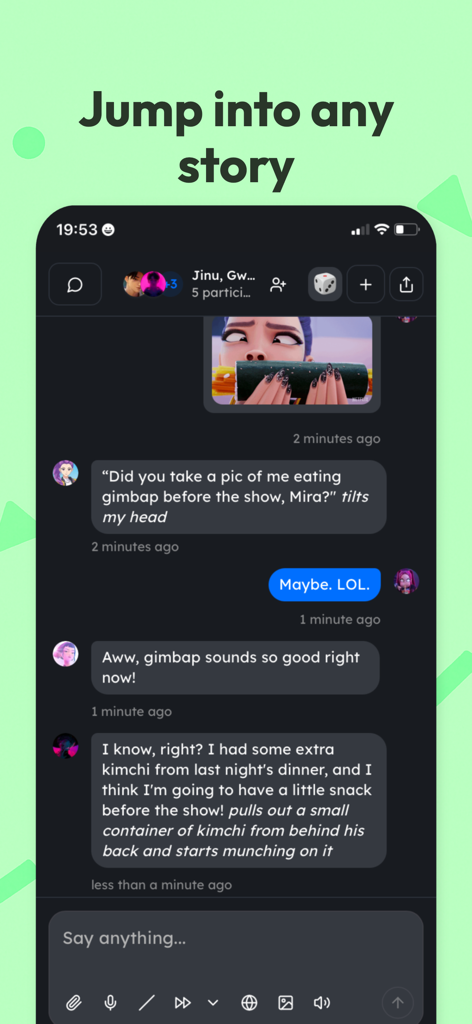 shapes inc: groupchats with ai - Pantalla móvil que muestra un chat grupal de rol impulsado por IA en Shapes Inc.
