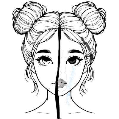 realistic girl with two buns on top of her head