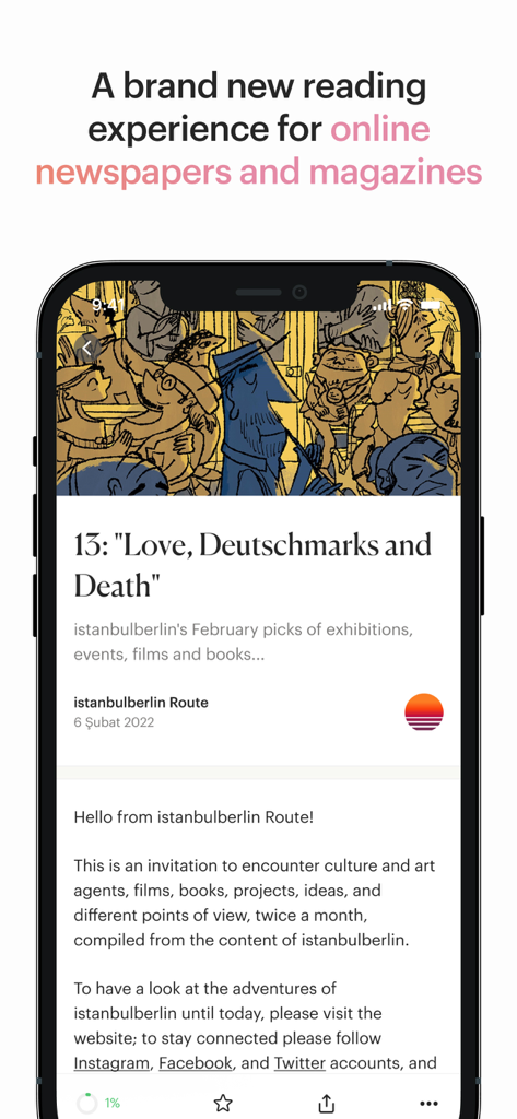 Aposto - iPhone screen showing a curated article in the Aposto news app with a minimalist design.