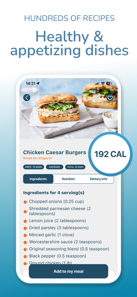 DietSensor Keto app interface showing a low-calorie chicken caesar burger recipe with ingredients and preparation time.