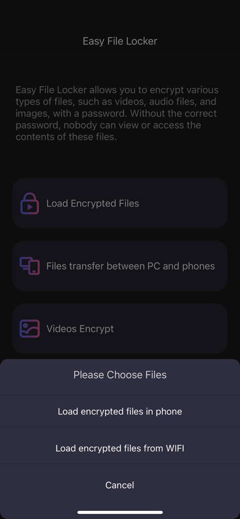 Easy File Locker - Easy File Lockerアプリのインターフェース。ファイルの読み込みと暗号化のオプションが表示されています。