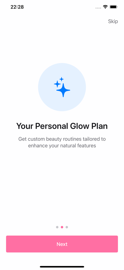 Pretti - Become Attractive - Pretti App Onboarding-Bildschirm, der die Funktion Personal Glow Plan für maßgeschneiderte Schönheitsroutinen zeigt.