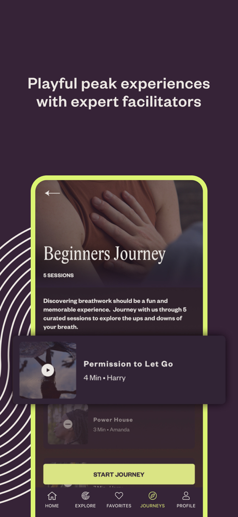Othership: Guided Breathwork - Interfaz de la aplicación Othership que muestra el programa de respiración guiada 'Beginners Journey' y una sesión titulada 'Permission to Let Go'.
