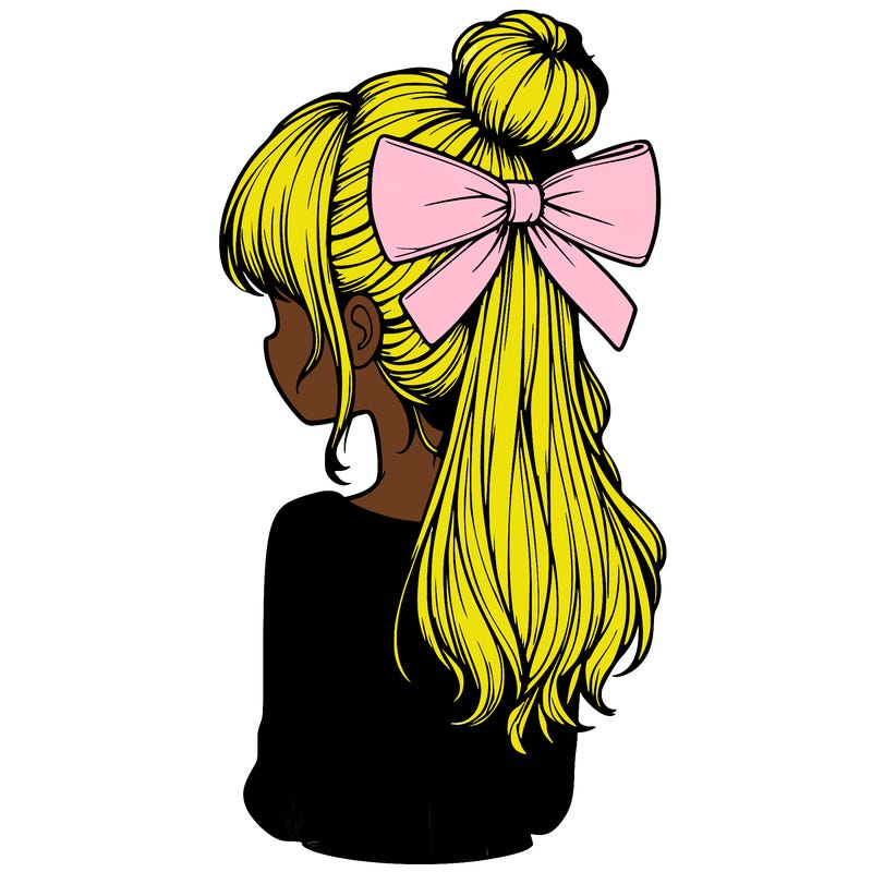 realistic girl  with hip length hair a bun and a big bow on the back of head