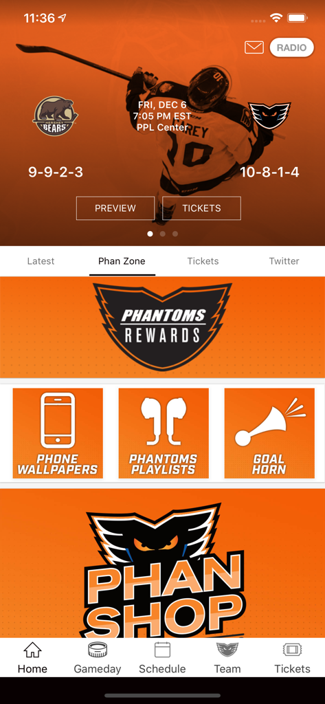 Phantoms365 - Phantoms365 app Phan Zone screen showing team rewards shop and fan media options
