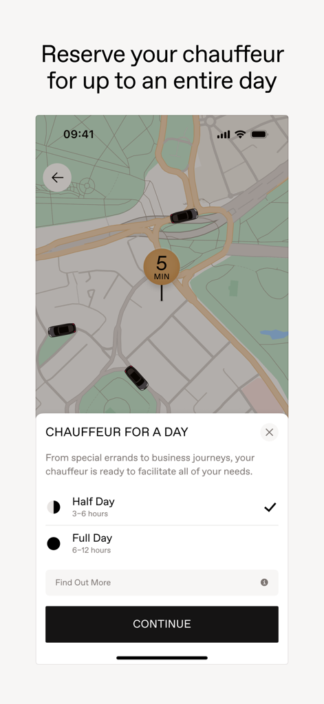 Wheely mobile app interface for booking a chauffeur for half or full day sessions.