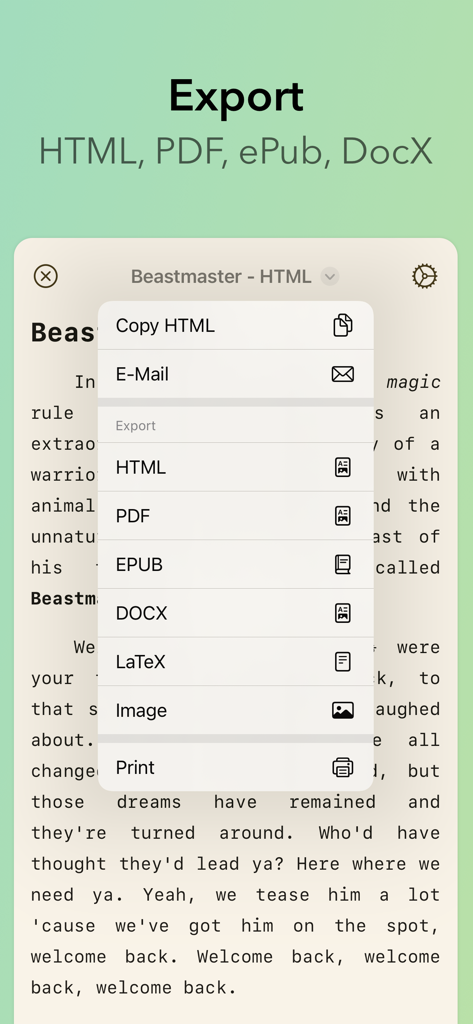 Menú de exportación de iWriter 2 mostrando opciones para HTML, PDF, EPUB, DOCX y LaTeX.