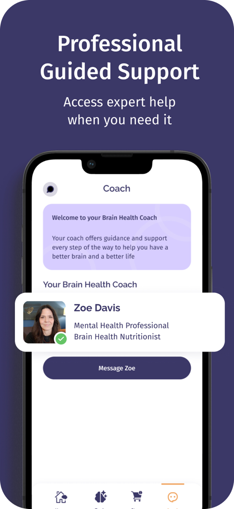 Interface of the Brain Fit Life app displaying a professional brain health coach profile for guided mental health support