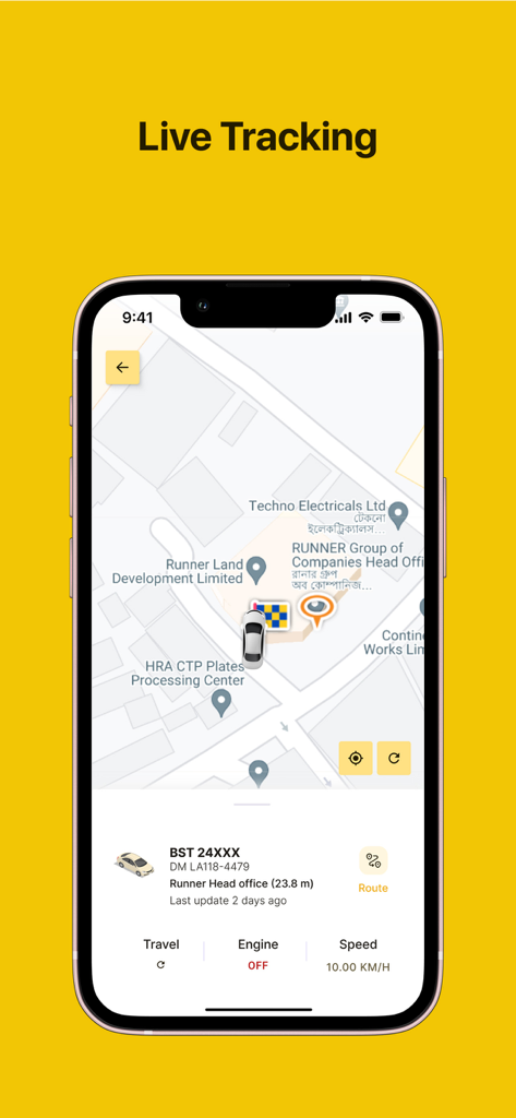 iPhone-Bildschirm zeigt Live-GPS-Fahrzeugverfolgung mit Karte und Fahrzeugstatus an