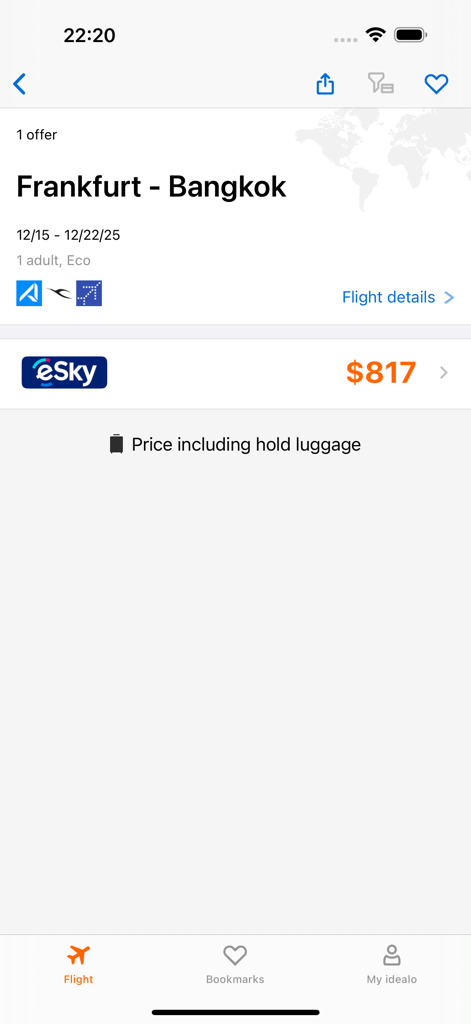 idealo flights: cheap tickets - Flight search result from Frankfurt to Bangkok showing price with luggage included