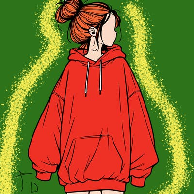 realistic girl with a oversized sweatshirt on and a bun