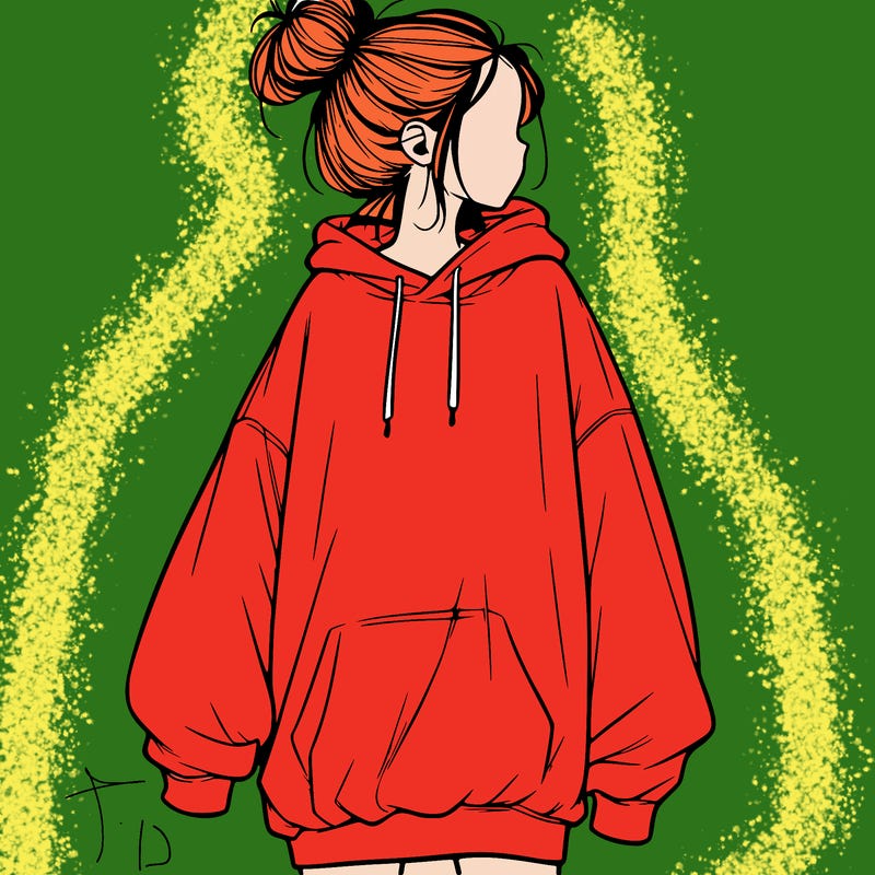 realistic girl with a oversized sweatshirt on and a bun