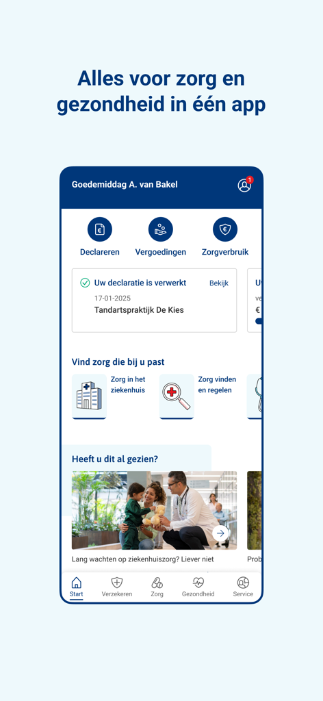 Mobile dashboard of the UnitedConsumers Zorg app showing insurance claims and healthcare services