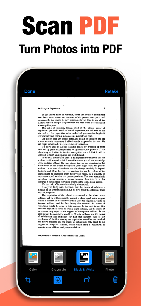 Uma interface de aplicativo móvel mostrando a digitalização de um documento de texto com opções para converter fotos em PDF