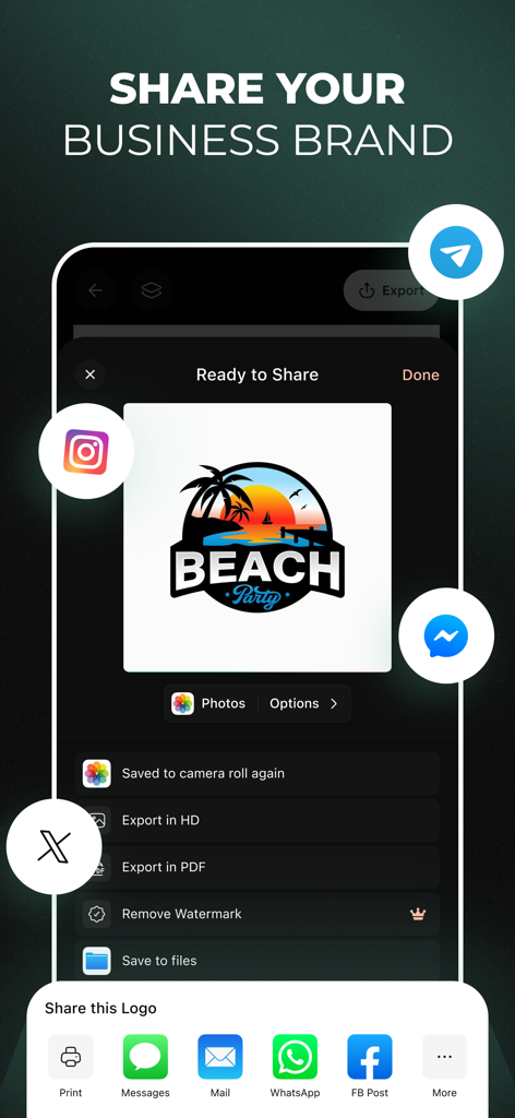 Interface showing options to export and share a custom beach party logo in HD or PDF format to various social media platforms.