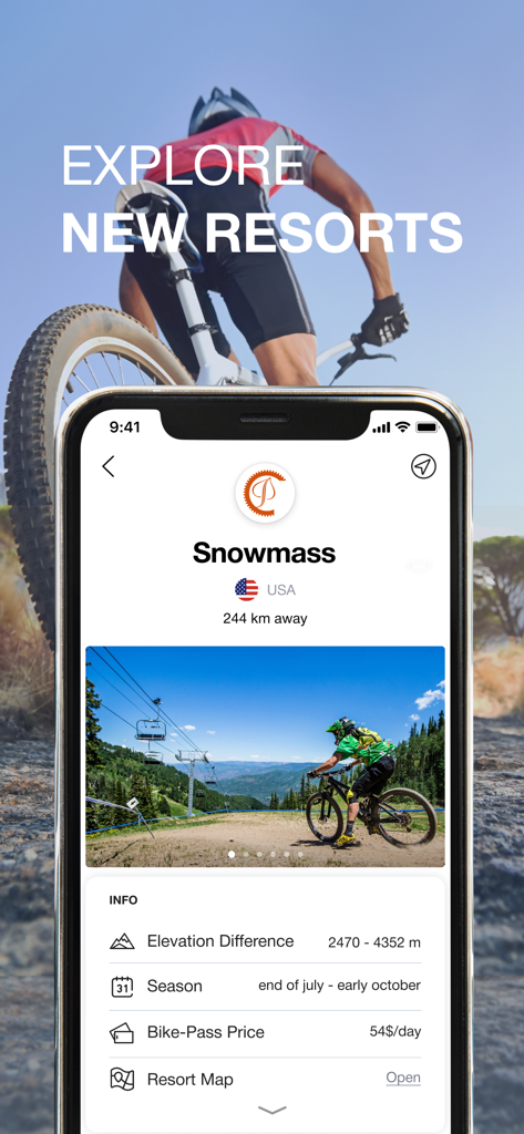 Pantalla de smartphone mostrando información y estadísticas de la estación de ciclismo de montaña de Snowmass.