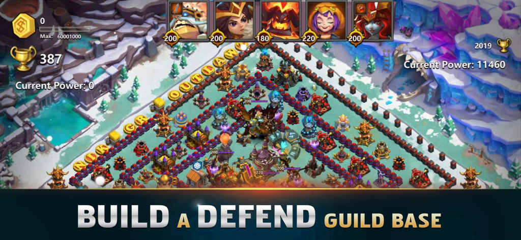 Clash of Lords 2: Guild Castle - A snowy guild base layout in Clash of Lords 2 featuring defensive structures and hero icons.