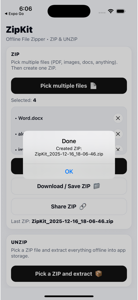 ZipKit: Offline File Zipper - ZipKit app interface showing a successfully created ZIP file archive on iPhone