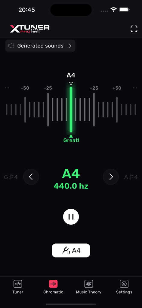 XTuner PRO viola tuner app interface showing a note tuned to 440 Hertz